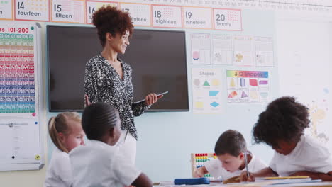 female teacher with digital tablet teaches group of uniformed elementary pupils in school classroom