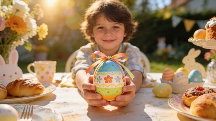 Camera starting, child presenting painted egg with ribbon at garden table for Easter in plaid shirt