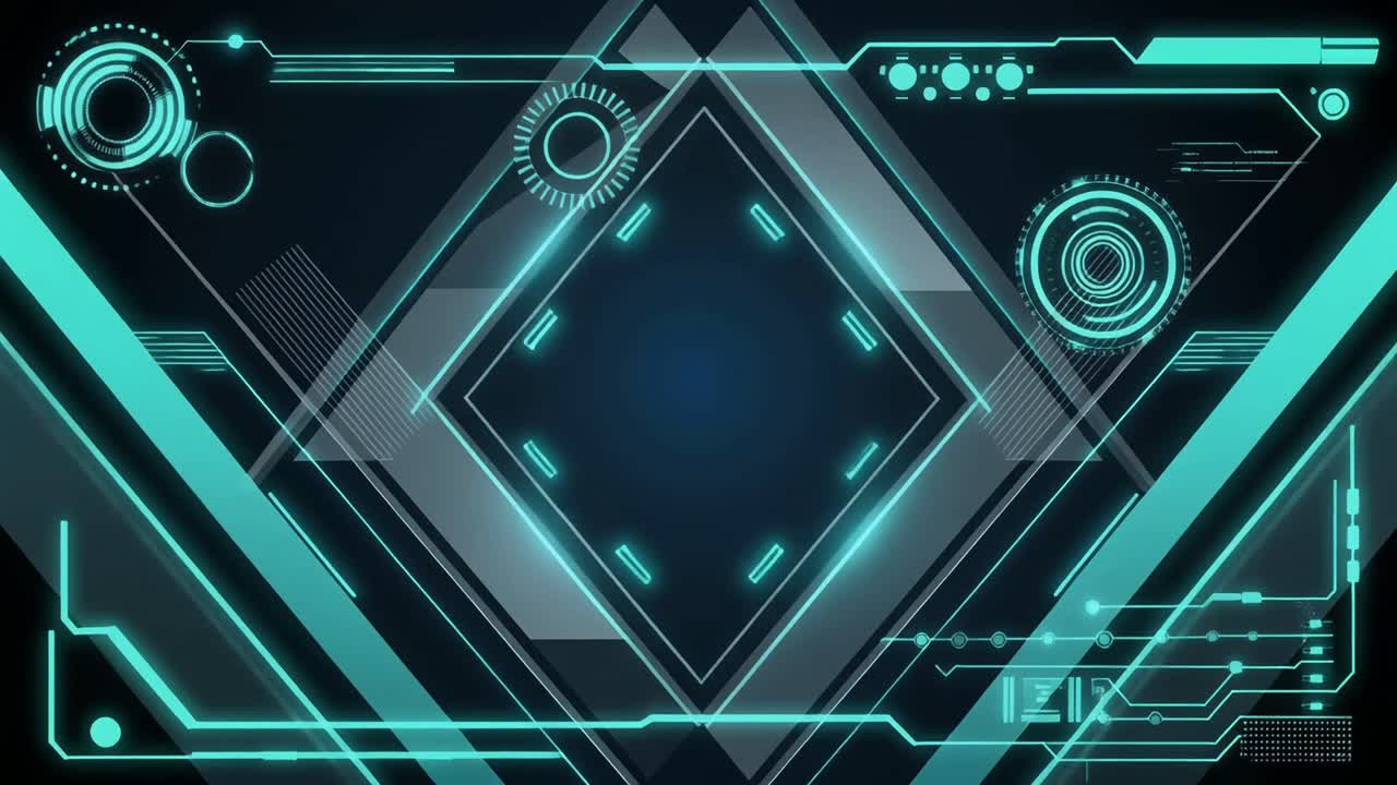 Futuristic Digital Interface with Glowing Geometric Shapes and HUD Elements
