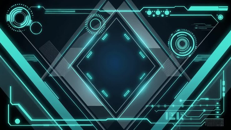 Futuristic Digital Interface with Glowing Geometric Shapes and HUD Elements