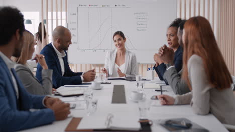 beautiful business woman team leader meeting with colleagues sharing creative ideas for startup project discussing corporate strategy in office boardroom
