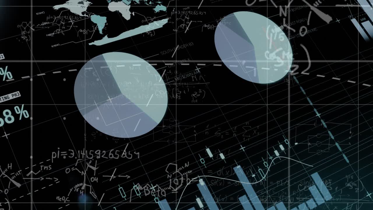 Animation of data processing with mathematical equations on black background
