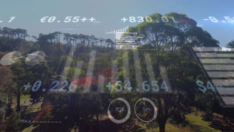 animating financial data processing over lush green forest landscape