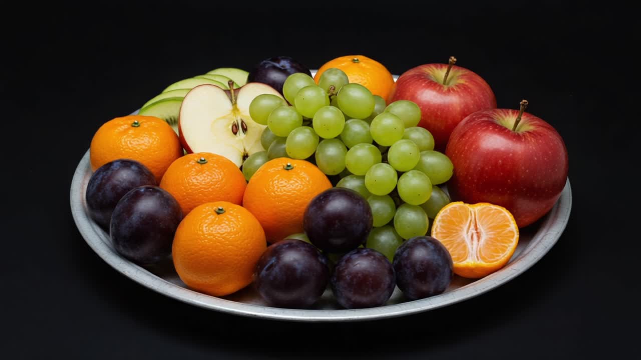 A Vibrant Display of Fresh Fruits Arranged on a Silver Platter, Showcasing a Variety of Colors and Textures Including Apples, Grapes, Oranges, and More
