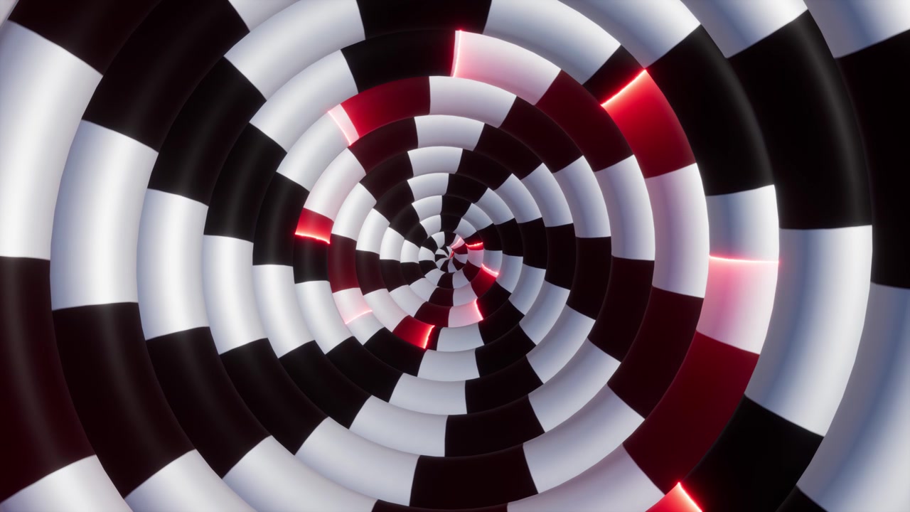 3D Black and White Checkerboard Spiral Tunnel with Red Glow