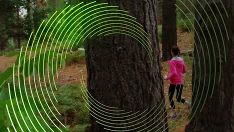 Animation-of-green-line-spiral-rotating-over-woman-and-man-running-in-forest