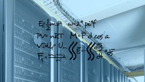 Animation of mathematical equations floating against empty computer server room