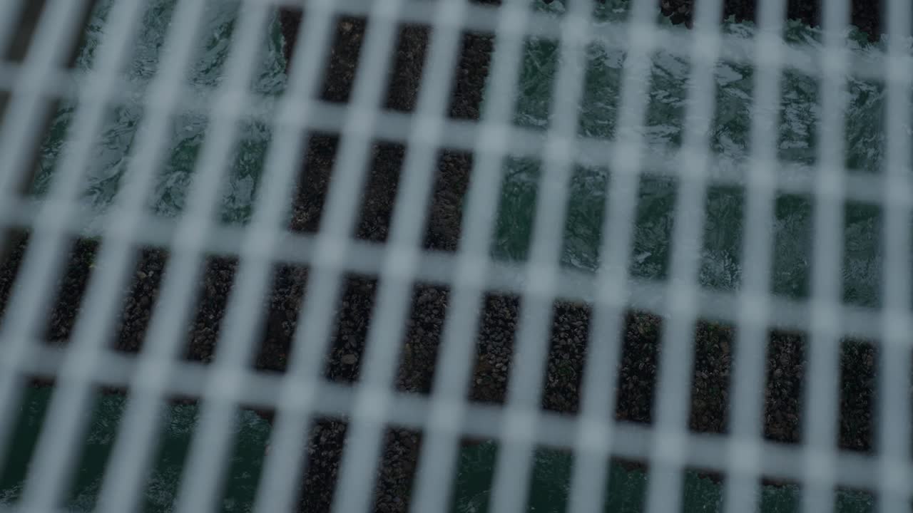 olas chocando contra el muelle costero, vista desde el piso de rejilla