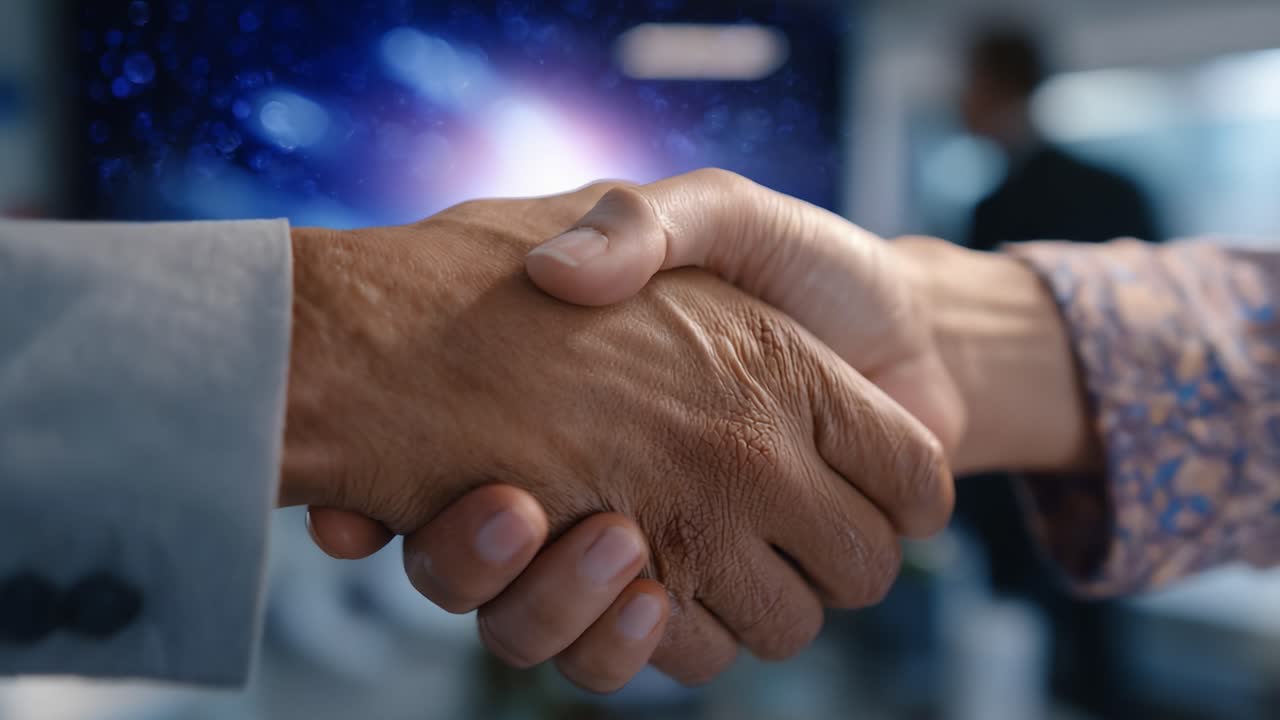 Un apretón de manos profesional representa la colaboración y el trabajo en equipo en un entorno empresarial con una atmósfera de fondo cósmico galáctico