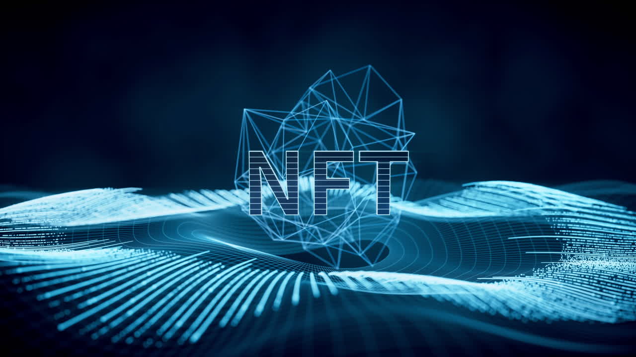 Concetto di NFT (token non fungibili) con linee digitali, rendering 3D
