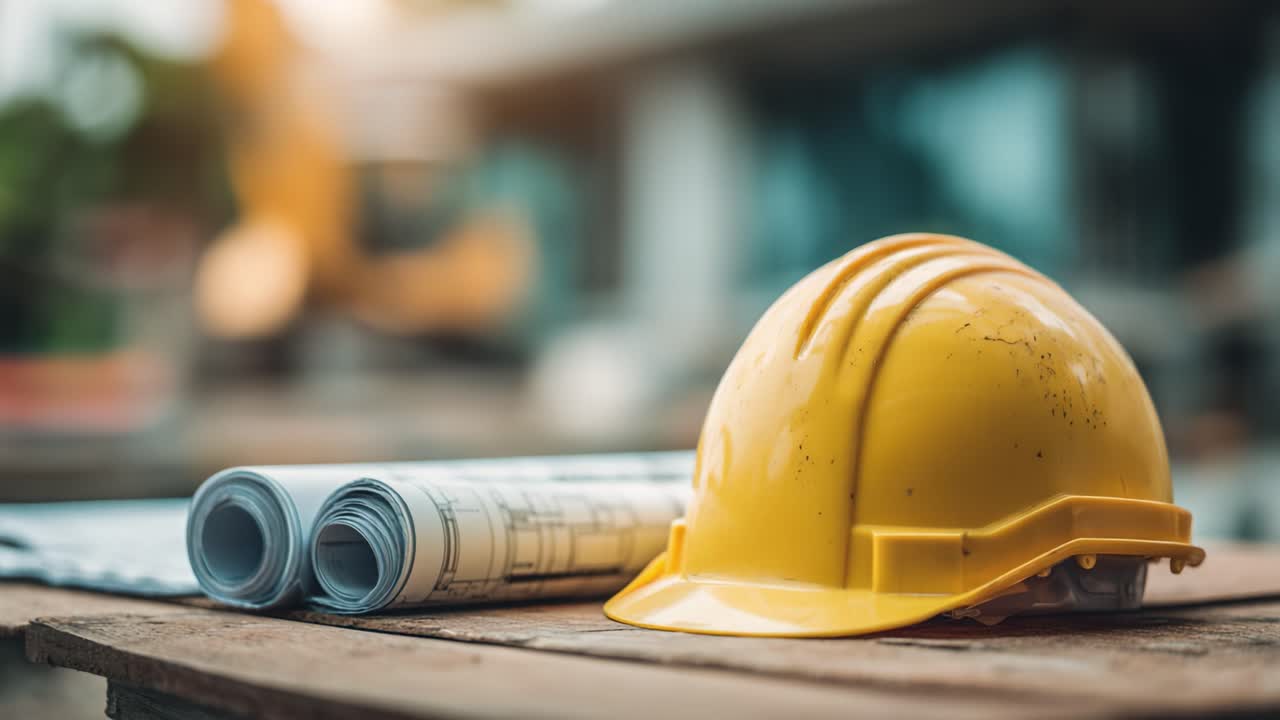 A Construction Site Essential: A Close-Up of a Yellow Hard Hat and Blueprint Rolls Highlighting the Key Elements of Safety and Planning at Work