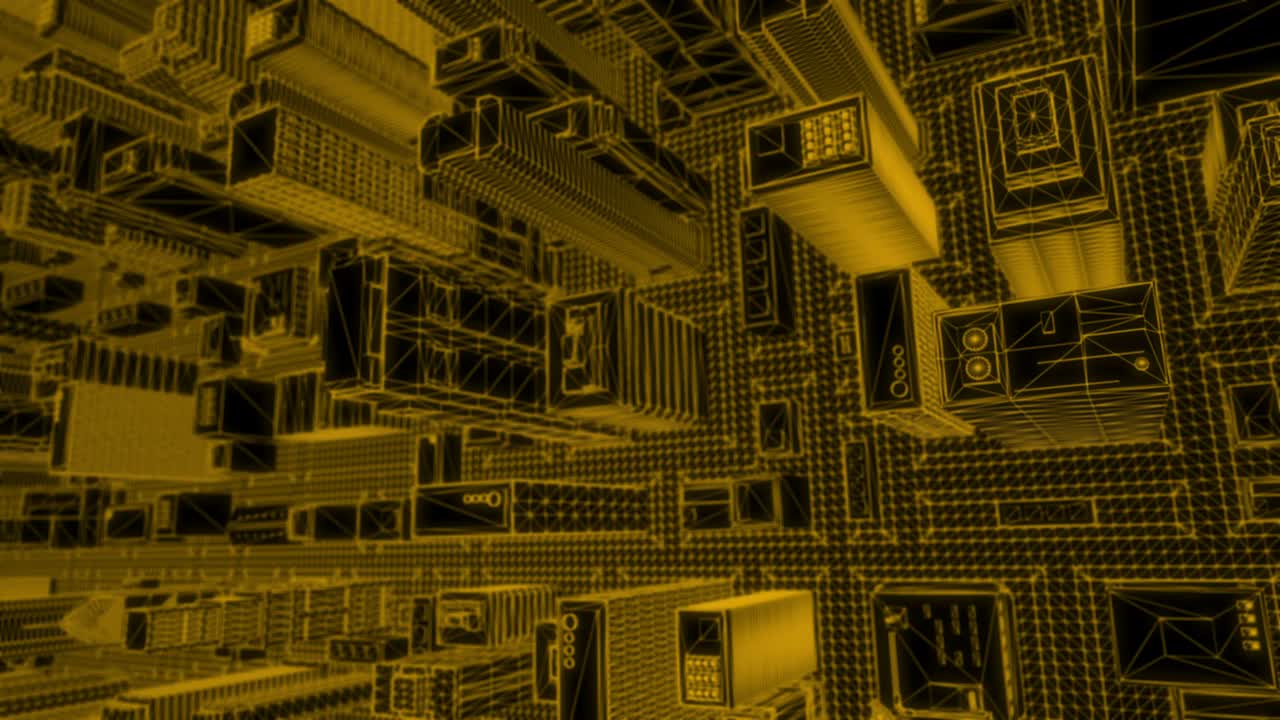 Looping Orange Wireframe City – spinning top shot