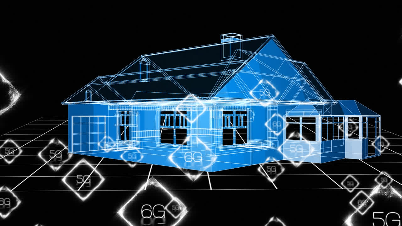 디지털 하우스를 통해 6g 텍스트를 가진 연결 네트워크의 애니메이션
