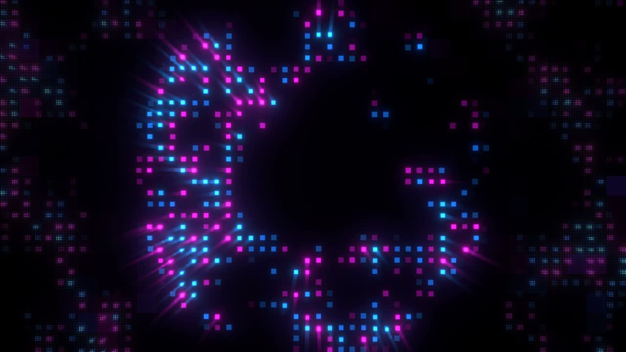 Pixel luminosi al neon, animazione 3D in loop continuo