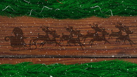 Christmas-wreath-over-santa-claus-in-sleigh-being-pulled-by-reindeers-against-wooden-plank