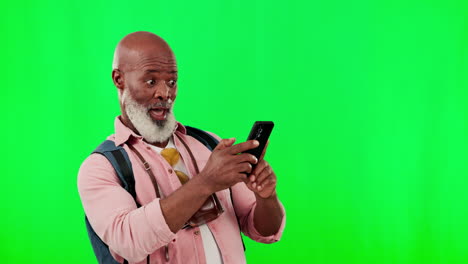 Black-man,-surprise-and-phone-on-green-screen