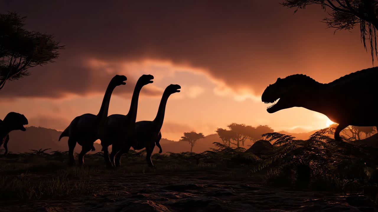 Silhouetted Dinosaurs at Sunset