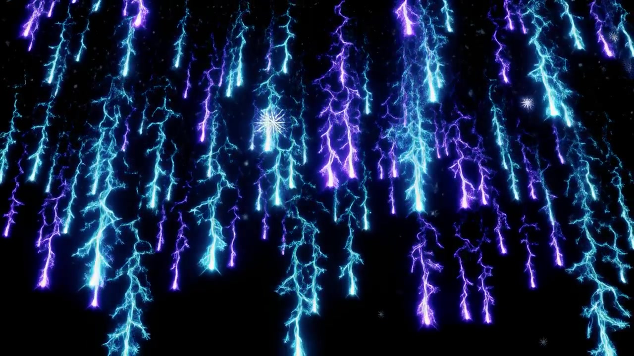 Animazione astratta di fulmini luminosi blu e viola che cadono verso il basso