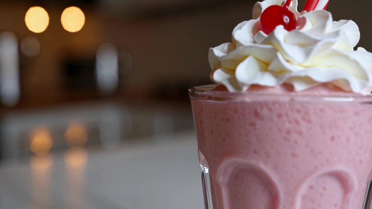 Close-up of a Pink Milkshake Topped with Whipped Cream and Cherry