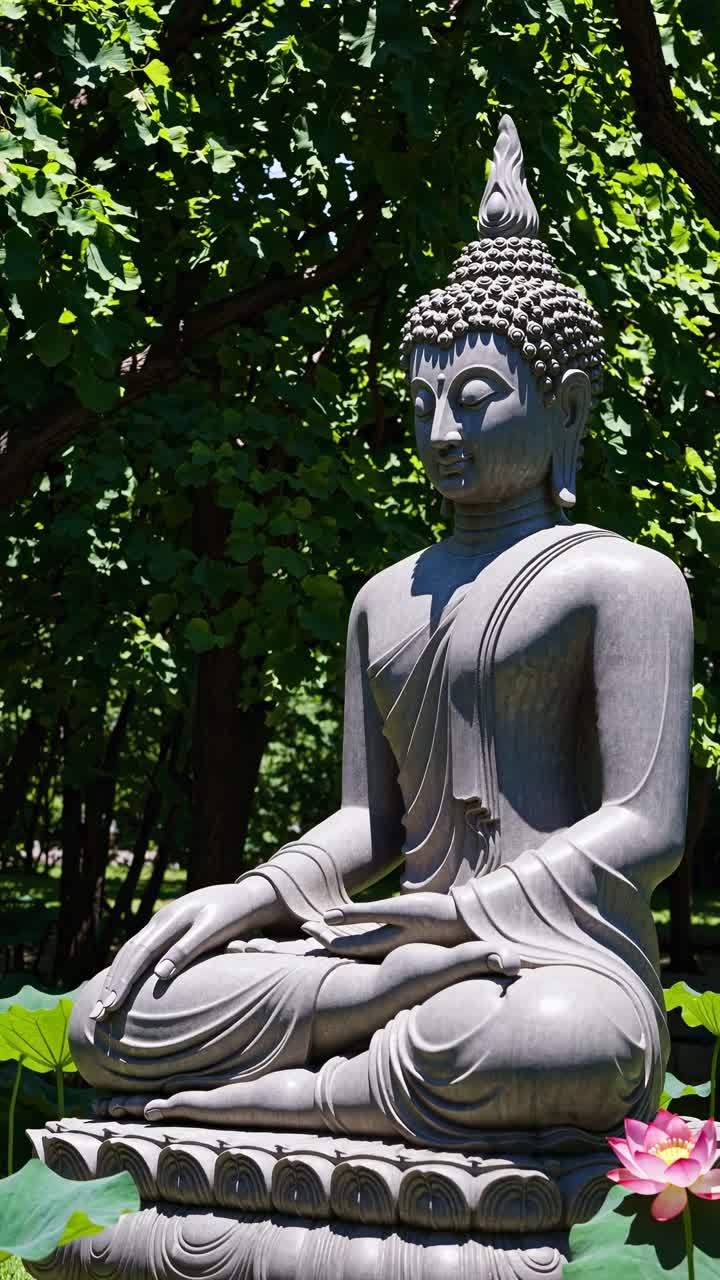 A serene Buddha statue in a lush garden, captured from a low angle