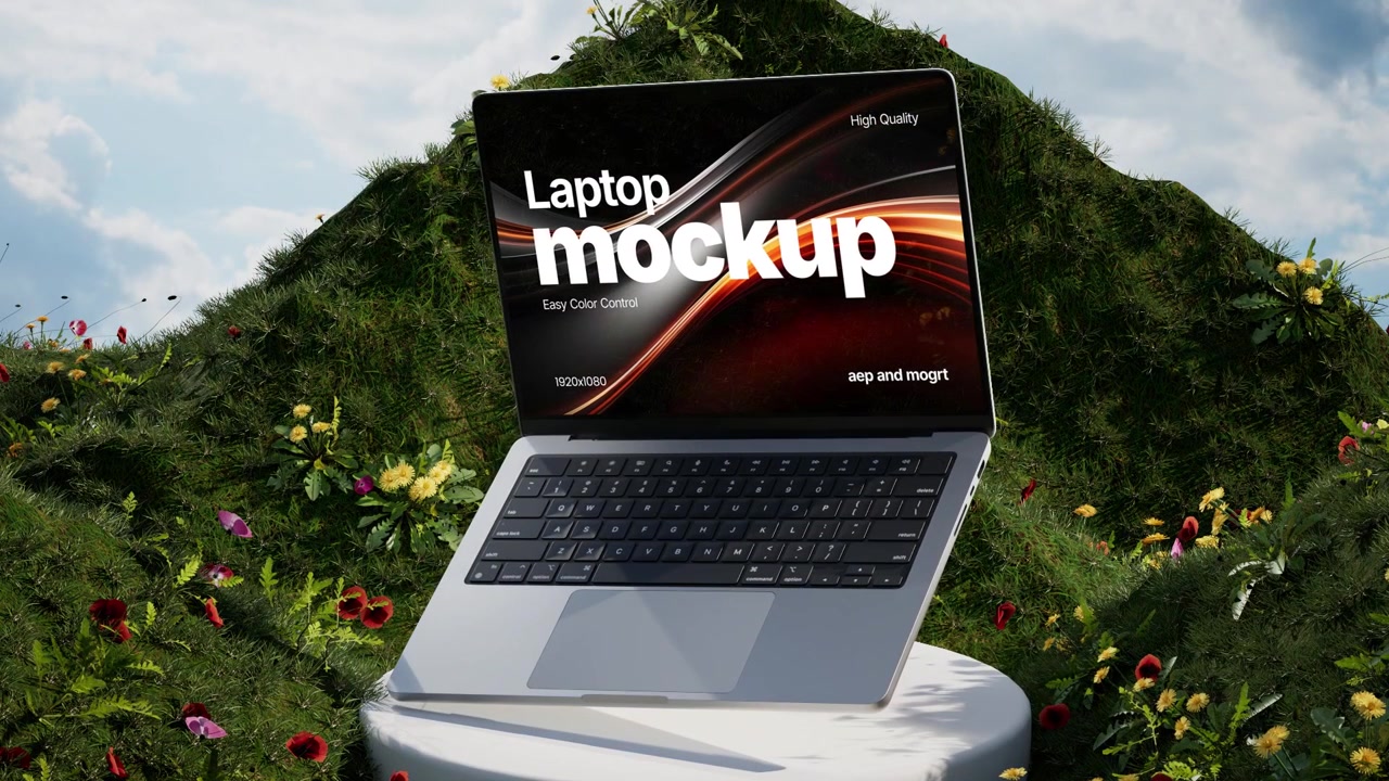 Laptop mockup weergegeven op een grasrijke heuvel.