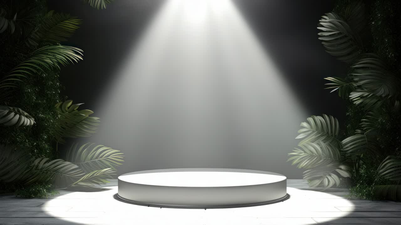 En dramatisk sceneopsætning med et spotlight på en cirkulær platform, omgivet af frodigt grønt.