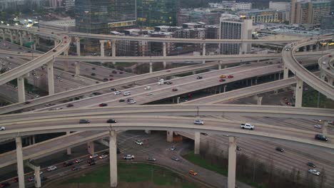 Aerial-of-cars-on-I-10-West-freeway-in-Houston,-Texas