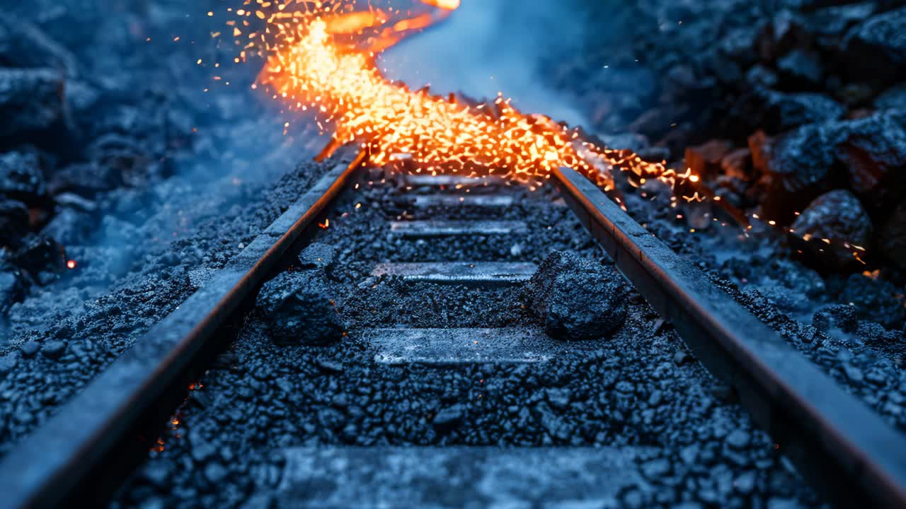 A train track with a lot of rocks and fire. The train is not visible. Scene is intense and dramatic