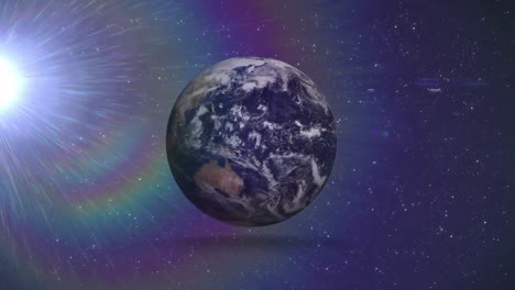 animation of planet earth spinning seen from space on night sky with stars and prism