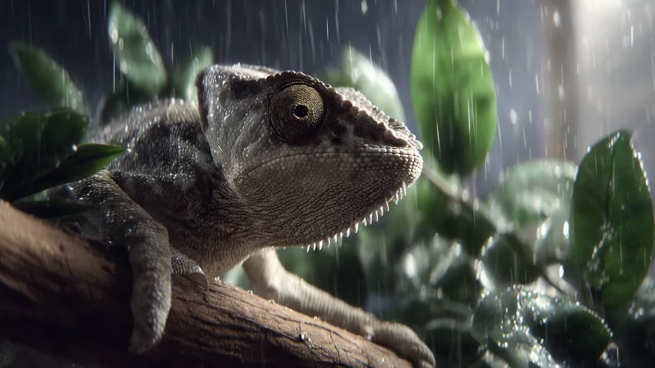 A close-up view of a captivating chameleon perched on a branch amidst raindrops, showcasing its unique features and the lush green foliage around it, creating a vibrant atmosphere