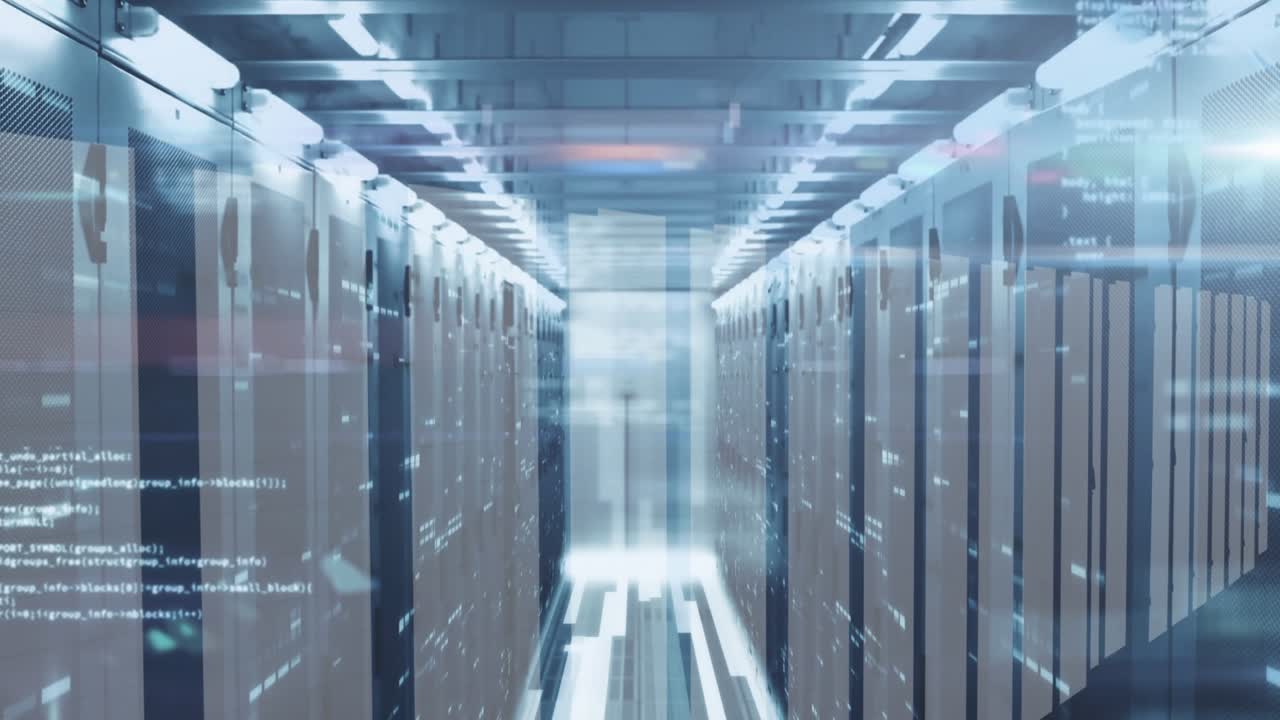 Digital data processing and global connections in a server room concept video