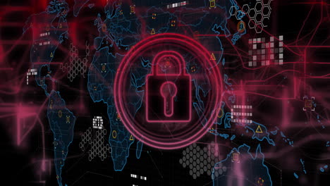 Lock-icon-and-cybersecurity-animation-over-world-map-with-data-points