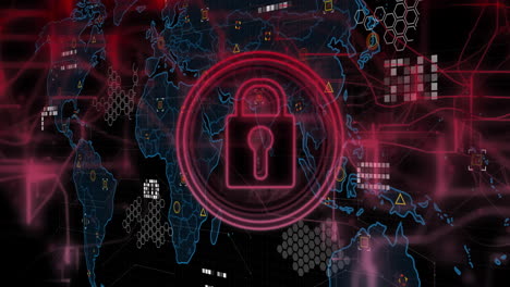 icono de bloqueo y animación de ciberseguridad sobre mapa del mundo con puntos de datos