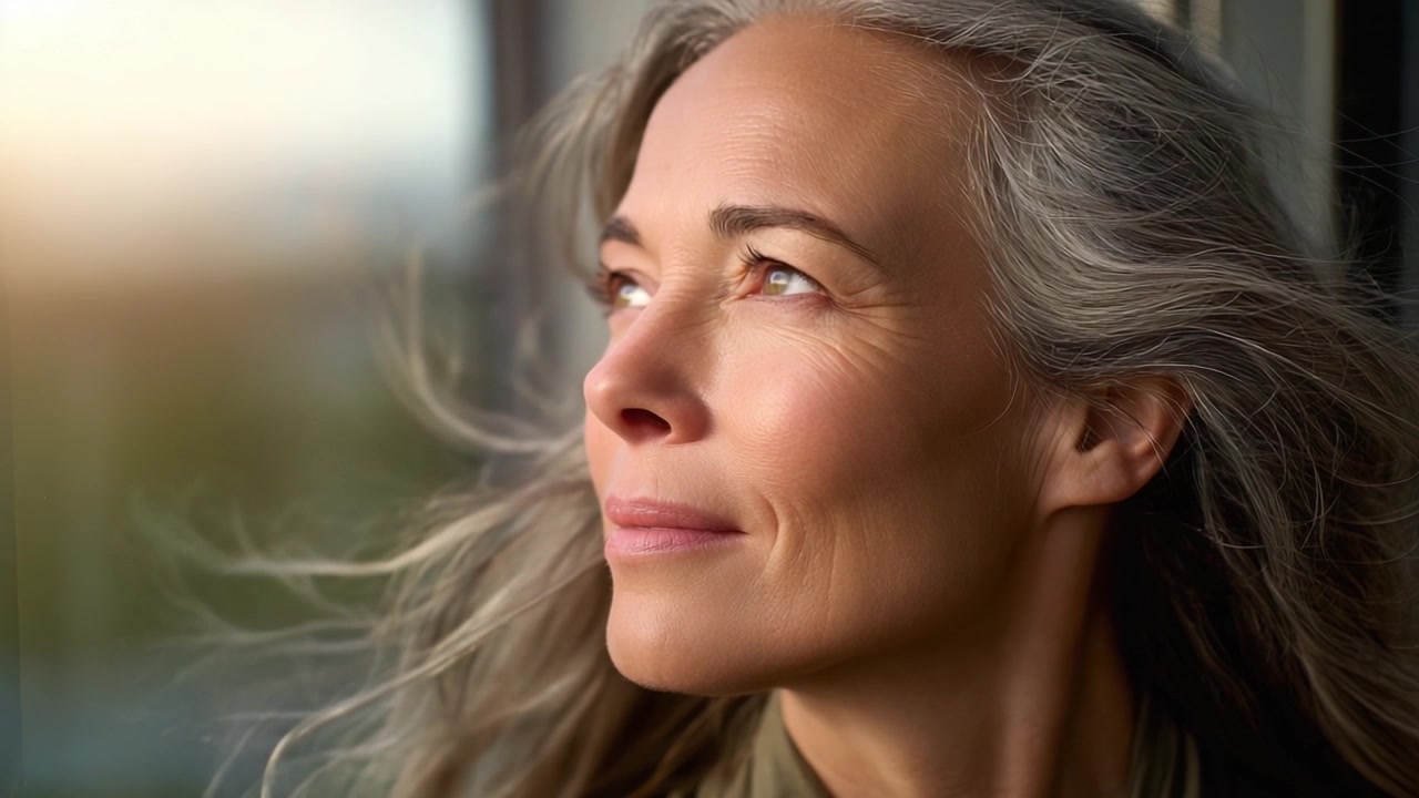 Una donna contemplativa guarda fuori da una finestra, con i suoi capelli argentati che fluiscono dolcemente, catturando un momento sereno immersa nella calda luce del sole e che riflette la pace interiore