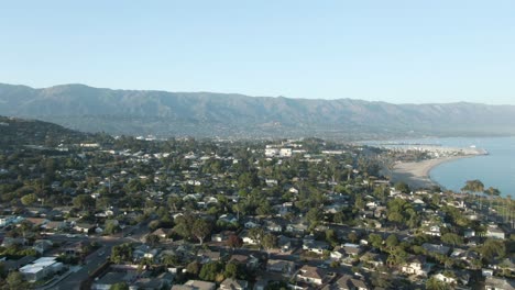 Aerial-over-Santa-Barbara,-California-during-sunset