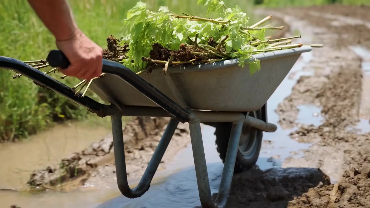 Close view shows hand guiding wheelbarrow through muddy track as leafy plants and soil shift slightly, with wet surface reflections, green surroundings, and daylight creating outdoor garden mood.