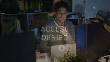 access denied animation overlay while man working on laptop in office