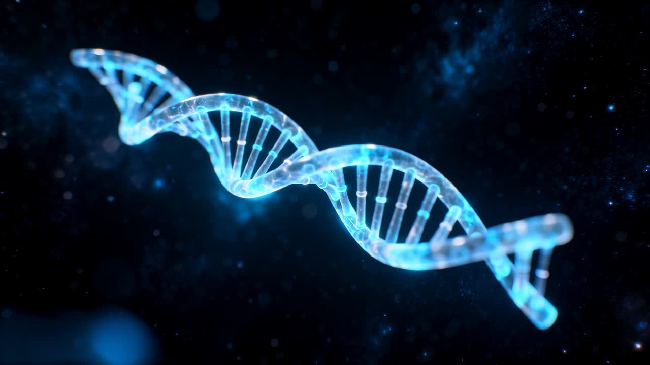 Doppia elica di DNA rotante che si sposta dopo un movimento della telecamera contro una nebulosa, con nodi nucleotidici pulsanti.