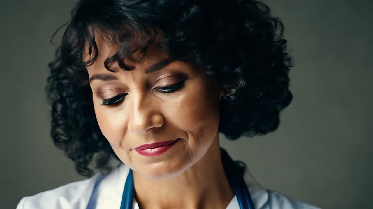 mujer de negocios con cabello rizado oscuro y lápiz labial rojo sonríe ligeramente mientras posa para una sesión de fotos, emanando confianza y elegancia en un entorno de estudio profesional