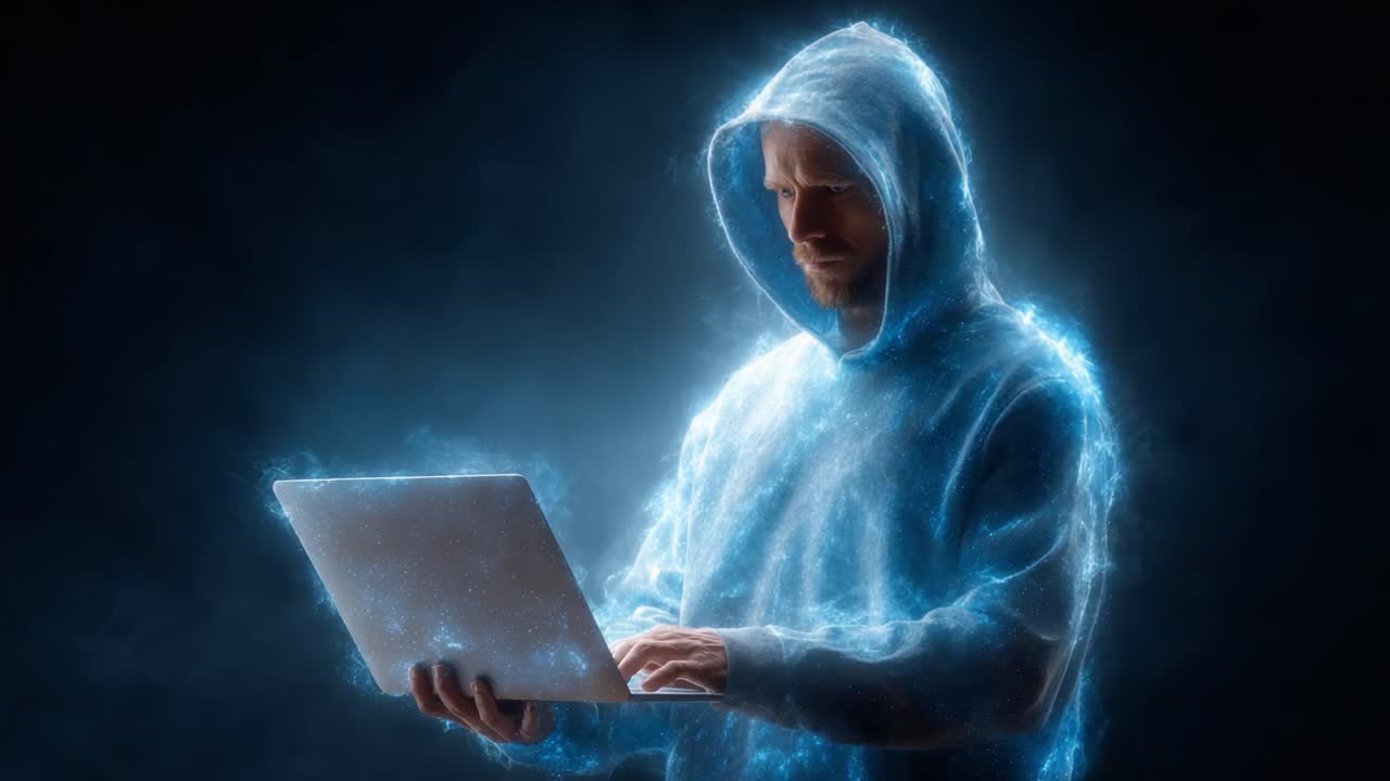 A Mysterious Figure Illuminated by Digital Energy, Engrossed in Coding or Unleashing Tech Magic Using a Laptop in a Dark, Enigmatic Space