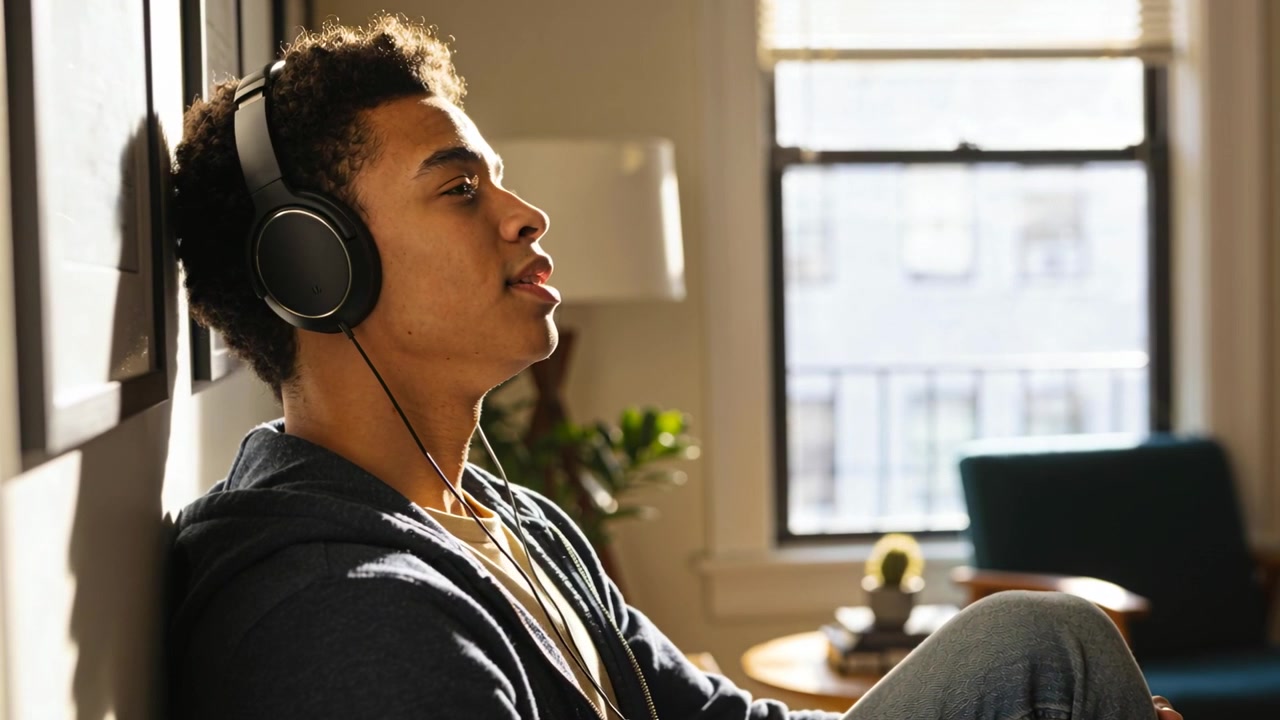 Lyttende mann iført hettegenser og jeans døser mot veggen hjemme med musikk på hodetelefoner, med plass til tekst.