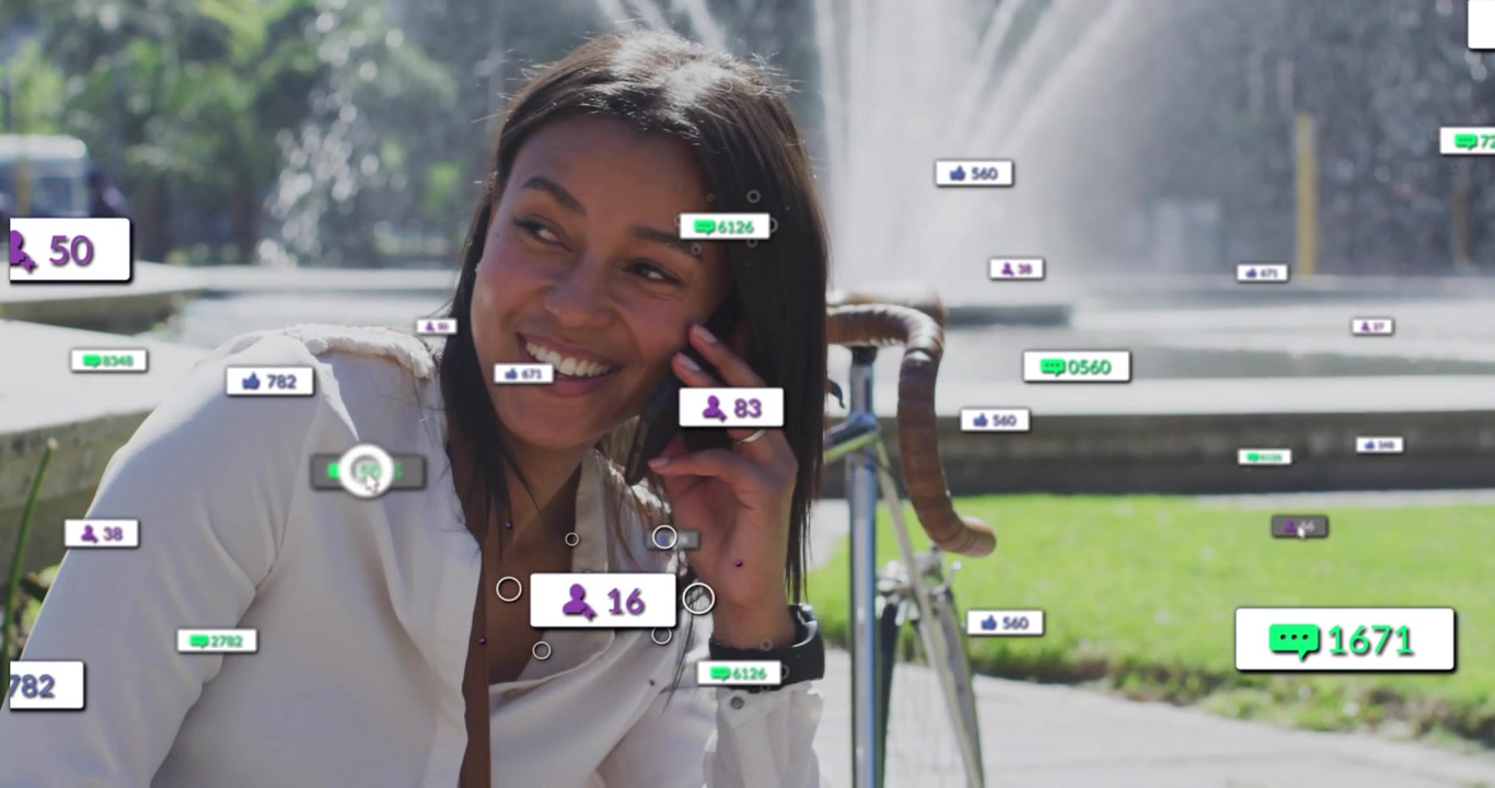 woman calling on smartphone in park causing social bubbles rising then fading tracking engagement
