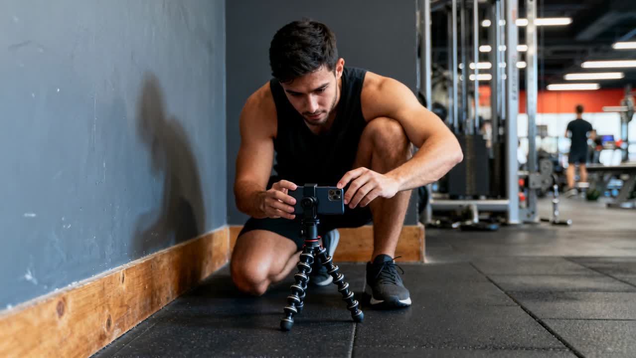 Seorang pria berbaju olahraga hitam menaruh ponsel dan menyesuaikan tripod di lantai gym, bersiap merekam sesi latihan.