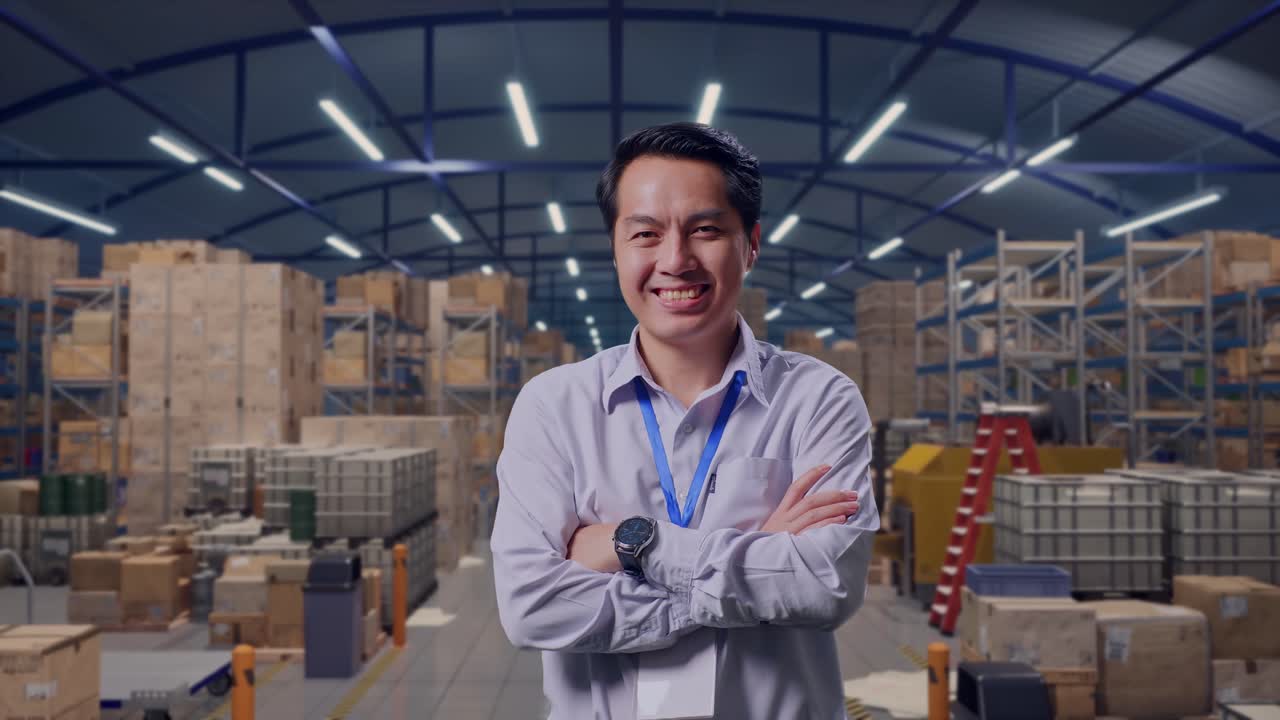 Immagini di un lavoratore professionista maschio asiatico in piedi in un magazzino con scaffalature, il suo ampio sorriso verso la fotocamera e le braccia incrociate sul petto.