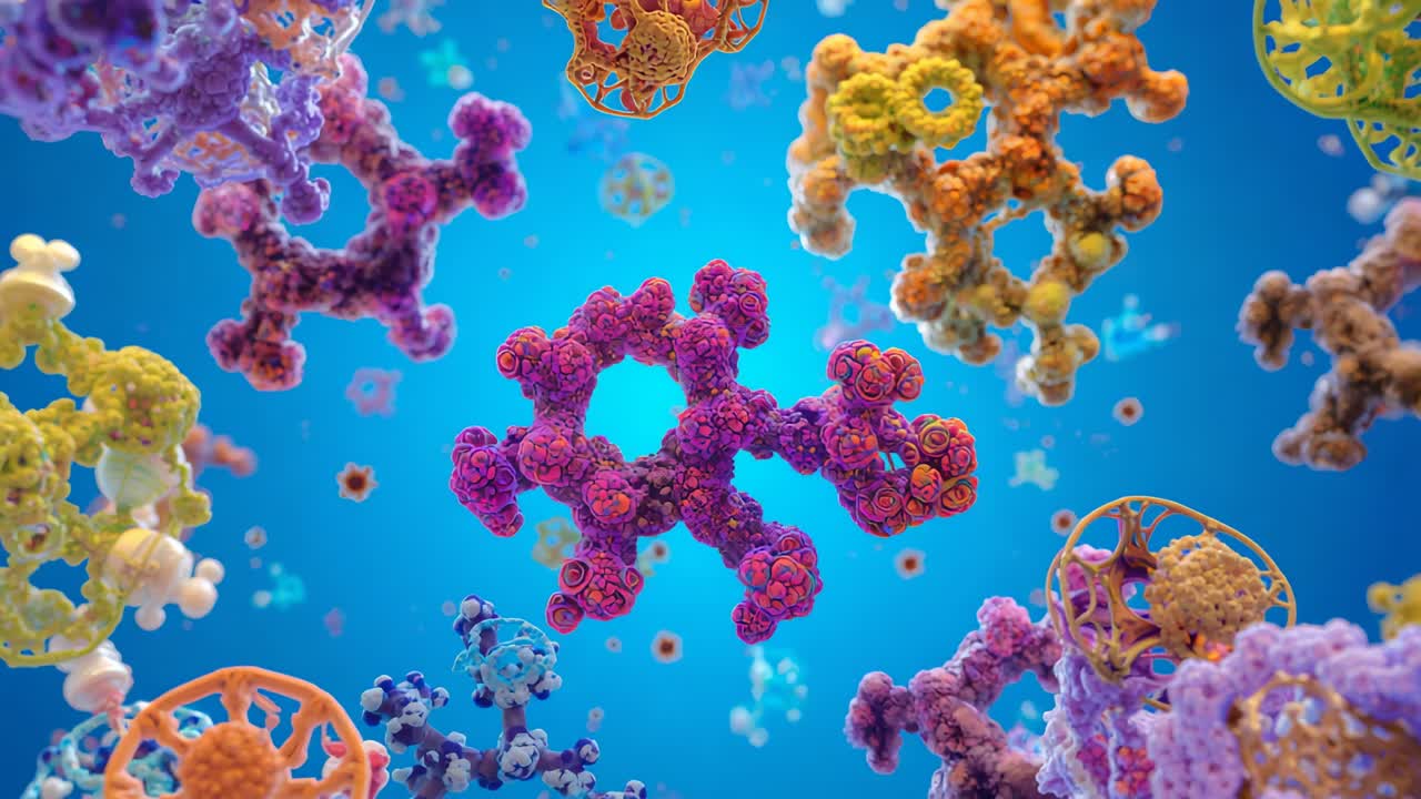 Camera rotating, revealing purple complex in blue space and ascending orange ring scaffold