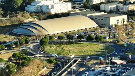 roundabout and modern building aerial montpellier sunny day