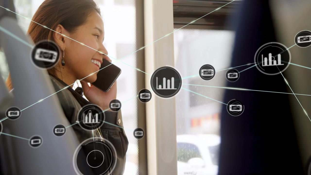 Animation of network of connections with icons over asian woman talking on smartphone