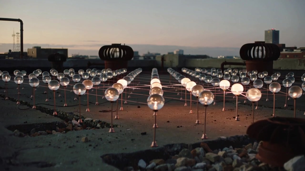 Lighting grid glass spheres from center outward rooftop dusk, creating pattern and revealing vents