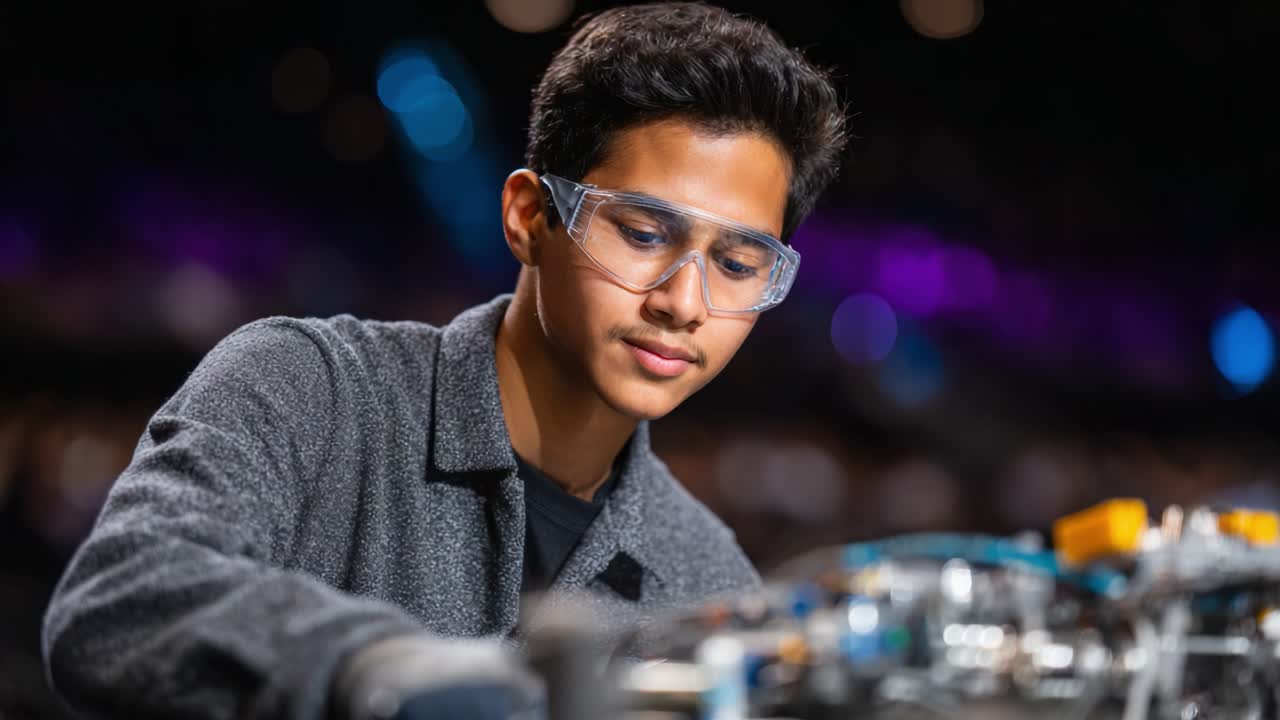 Focused Youth Engaging in Technology and Robotics, Showcasing Skills in Engineering and Problem Solving with Precision Tools and Protective Gear for Safety