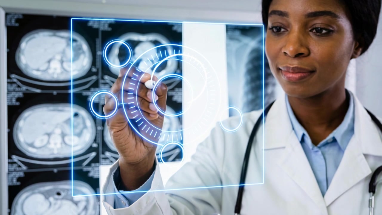 Medico in camice e stetoscopio alza la penna, tracciando un HUD mentre analizza una TAC in sala refertazione, con spazio per il testo.